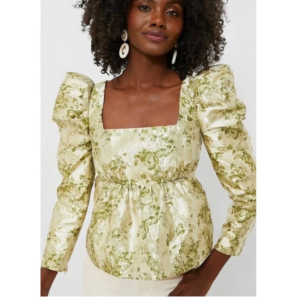 Hyacinth House Tuckernuck Gold Green Floral Brocade Puff Sleeve Top Small